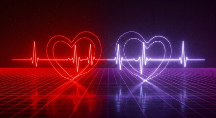 Poster - Red and purple neon heart rate monitor pulse on a grid with a dark background and small white stars