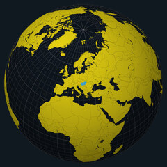 Poster - Hungary on Globe. Country view on the world map in Charcoal Bright Yellow color palette. Hungary shape on map. Globe with meridians, parallels, countries, rivers and lakes.