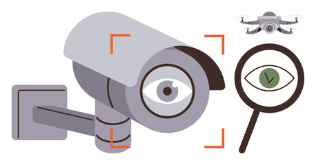 Poster - Security camera with eye, magnifying glass highlighting inspection, and drone overhead. Ideal for privacy, monitoring, data collection, safety, technology surveillance vigilance. Simple flat
