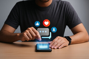 Man using a smartphone with glowing social media icons for likes, love, and comments. Concept of social network engagement, digital marketing, online communication, and customer feedback.