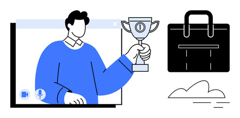 Poster - Man extends trophy from video call screen, next to business briefcase and abstract cloud. Ideal for success, remote work, leadership, recognition, teamwork, productivity goal-setting. Simple flat