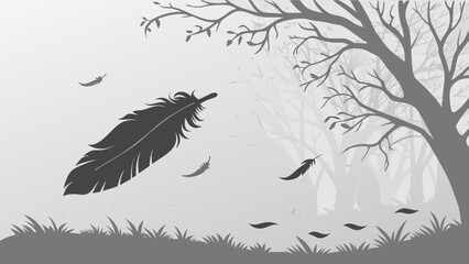 A large feather drifts gently through a misty silhouetted forest with bare trees and scattered grass