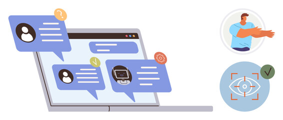 Poster - Laptop with communication chat bubbles, user avatar, settings icon, and biometric verification sign. Ideal for technology, teamwork, digital security, engagement, tech support problem-solving