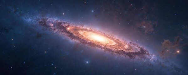 Wall Mural - Majestic spiral galaxy dominates scene, glowing core radiating light across vast expanse of deep space. Countless stars twinkle against backdrop of cosmic dust, nebulae, creating breathtaking,