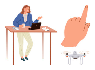 Aufkleber - Woman standing at desk with laptop and coffee, large pointing hand, flying drone. Ideal for technology, remote work, innovation, automation, multitasking, communication simple flat metaphor