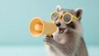 © Natalia S. - A raccoon wearing glittery yellow sunglasses and holds megafon, charisma and mischief. Online discount shop, shopoholism, best deals on black friday