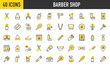 © Picvault - 40 Barber shop icons. Such as Shampoo, Magnifying Glass, Hairspray, Scissors, Facial Hair, Electric Shaver, Trimmer, Smartphone, Scissors, Straight Razor, Book, Woman vector stroke illustration.