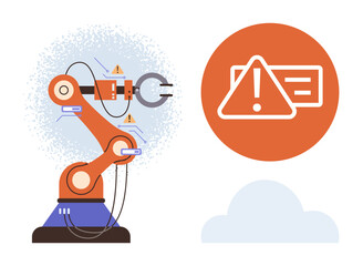 Poster - Robotic arm with mechanical components and wires near triangular warning sign indicating error. Ideal for technology, automation, robotics, AI failure, error handling, troubleshooting, machine risk
