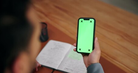 Hand, business and person with green screen of phone for communication, social media and research. Back, man and space with mobile for information, schedule update and message notification in office