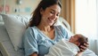 © Vadym - Joyful Hispanic mother cradles newborn baby in hospital bed. Woman smiles warmly at infant, experiencing tender motherhood bond. Image celebrates new life, family connection, and gentle care.