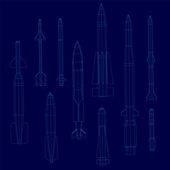 Poster - Blueprint of various rockets arranged in a line with distinct wireframe designs on a blue background. The warheads and projectiles are clearly visible, showcasing a detailed set of space technology.