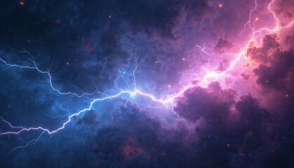 Wall Mural - Vibrant nebula illustration features cosmic lightning striking through deep space clouds. Blue, purple hues mix with bright electrical energy. Stars, glowing particles create fantasy, mystical