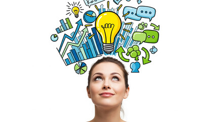 Poster - Woman looking up at bright lightbulb and colorful business graphics, symbolizing ideas, innovation, and strategic thinking