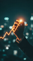 Poster - Hand drawing upward trending glowing graph against blurred city lights background, symbolizing growth, success, and progress in business