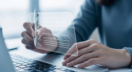Poster - Close-up of hands interacting with a transparent checklist interface on laptop, symbolizing task management, planning, and digital organization for business efficiency