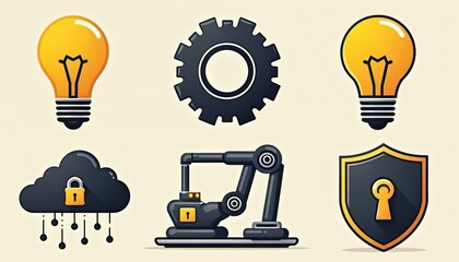 Poster - digital illustration featuring icons for technology, innovation, robotics, data protection. includes
