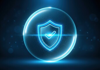 Poster - Glowing neon shield with checkmark inside a transparent sphere on a dark blue digital background