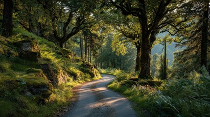 Wall Mural - sunlight streams onto a curving road through a lush, green forest landscape. use this image to evoke
