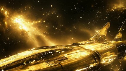 Wall Mural - golden spaceship exploring a nebula in deep space