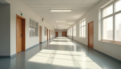 Empty school corridor with neutral tones, minimalist design. Sunlight streams through windows, casting geometric shadows on floor. Doors line hallway, suggesting classrooms offices within modern