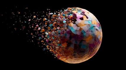 Abstract explosion of a colorful spherical object on a black background art