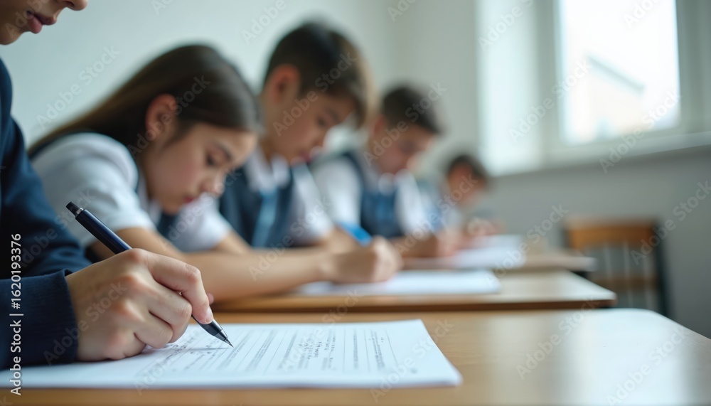 Students in uniform concentrate on exams in classroom setting, writing ...