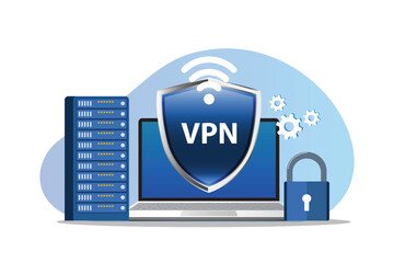 Secure VPN Network Connection with Data Server, Laptop, and Padlock. Cybersecurity and Privacy Protection Flat Vector Illustration