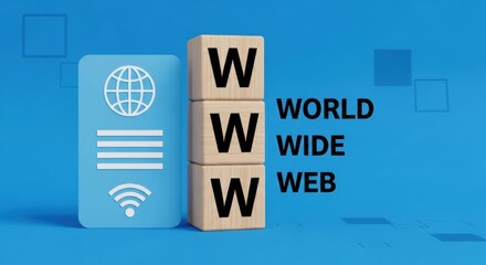 Wall Mural - World wide web concept with www blocks and internet icons on a blue background