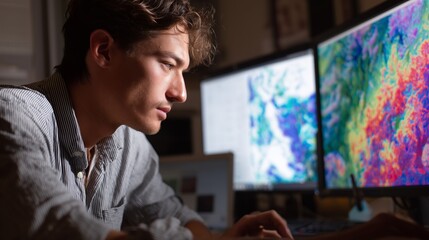 Poster - Man analyzing data on multiple computer screens in a modern work environment during evening hours