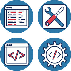 coding vector illustration with code editor icons and dog illustration elements