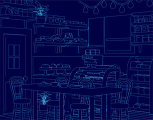 Poster - Blue contour line drawing of a cozy kitchen cafe with a wooden table, chairs, and neatly arranged plates. Racks display various kitchen items while warm lights illuminate the space.