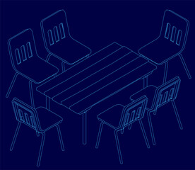 Poster - A rectangular table with symmetrical chairs in clean white contour lines stands out against a bold blue background. The minimalist line drawing emphasizes simplicity and modern design.