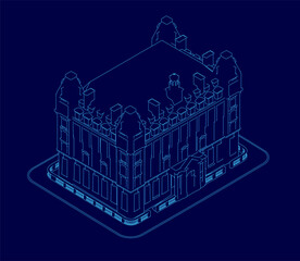 Poster - Blueprint of a London house in crisp vector format, featuring clean contours and precise architectural details. The design stands out against a solid blue background.