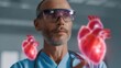 © WS Studio 1985 - Doctor with Augmented Reality Hearts: A focused doctor, immersed in augmented reality, interacts with glowing, three-dimensional hearts, showcasing a futuristic medical concept.