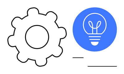 Poster - Gear symbolizing systems alongside a blue light bulb representing ideas and innovation. Ideal for creativity, process optimization, innovation, brainstorming, problem-solving, teamwork, simple