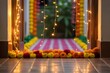 © LovelyRani - Festive indian doorway decorated with colorful marigold flowers and bright string lights, welcoming guests for a celebration