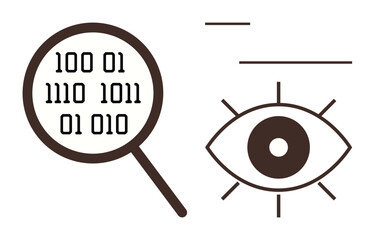 Aufkleber - Magnifying glass with binary code and an eye symbol illustrating analysis, vision, and monitoring. Ideal for concepts thumbs up data processing, cybersecurity, research, surveillance, vision