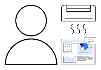 Poster - Person outline near cooling unit emitting airflow and a data dashboard with charts. Ideal for climate monitoring, tech interface, remote control, energy management, smart living, user experience