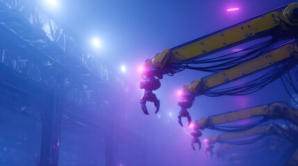 Aufkleber - Industrial Arm Robotics in Factory: A glimpse into the future with a row of mechanical robotic arms, bathed in neon lights within a vast factory interior.
