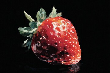 Wall Mural - Fresh strawberry resting on a reflective surface against a dark background