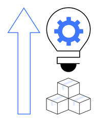 Poster - Upward arrow signifies growth, lightbulb with gear conveys innovation, and stacked boxes represent logistics. Ideal for business, technology, strategy, creativity, efficiency, planning teamwork