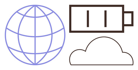 Poster - Globe, cloud, and battery icons represent global networking, energy sustainability, cloud storage. Ideal for technology, communication, energy, innovation digital transformation renewable energy
