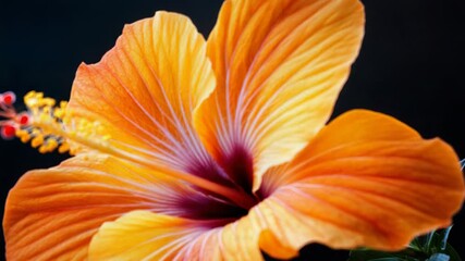 Wall Mural - vibrant orange hibiscus flower blooming on black background