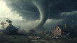 © Michał Magiera - Potężne tornado przetacza się przez teren, niszcząc domy i pozostawiając spustoszenie. Scena ukazuje siłę natury i dramatyczne skutki katastrofy pogodowej.