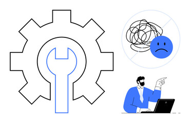 Poster - Gear and wrench represent fixing issues sad face with crossed-out swirl for resolving negativity man pointing confidently suggests guidance. Ideal for productivity, problem-solving, management