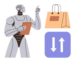 Aufkleber - Robot holding tablet pointing upward, shopping bag, and data exchange icon. Ideal for e-commerce, AI, automation, retail, technology business and marketing themes. Simple flat metaphor
