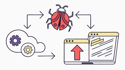 Illustration showing a ladybug connected by arrows to a cloud with gears and a laptop screen display 100