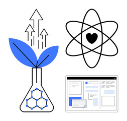 Poster - Flask with plant and arrows representing growth, atom with heart for science empathy, web browser for digital communication. Ideal for innovation, sustainability, technology, research, education