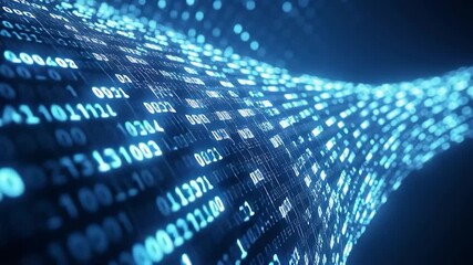 Abstract digital data stream flowing in a rippling pattern.  Blue glowing binary code fills the image