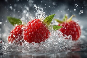 Wall Mural - Fresh raspberries splashing in water create a lively and vibrant display of nature's bounty